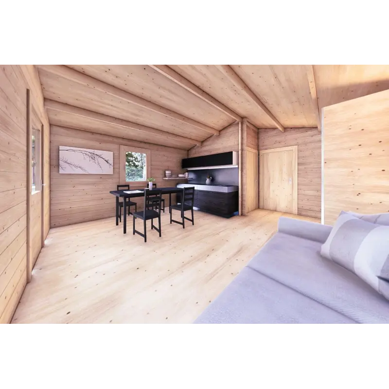 Holzhaus DALIA 5×7, 44 mm, Innenansicht offener Wohnbereich