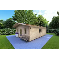 Moderne Holzhaus LARA 6x8, 44mm, Frontansicht rechte Seite