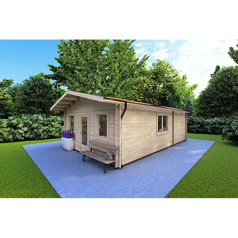 Moderne Holzhaus LARA 6x8, 44mm, Frontansicht rechte Seite