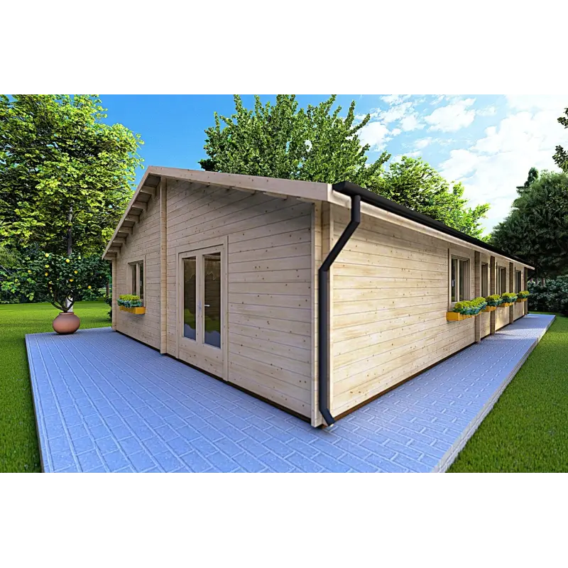 Moderne Holzhaus NIZZA 8x14.50, 44mm, Frontansicht rechte Seite