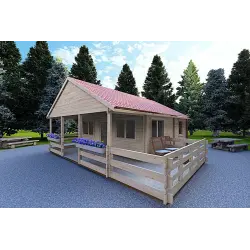 Modernes Holzhaus SMERALDA 6×6 mit begehbarer Galerie 14.35 m² und Terrasse 17 m², 44 mm, Frontansicht rechte Seite