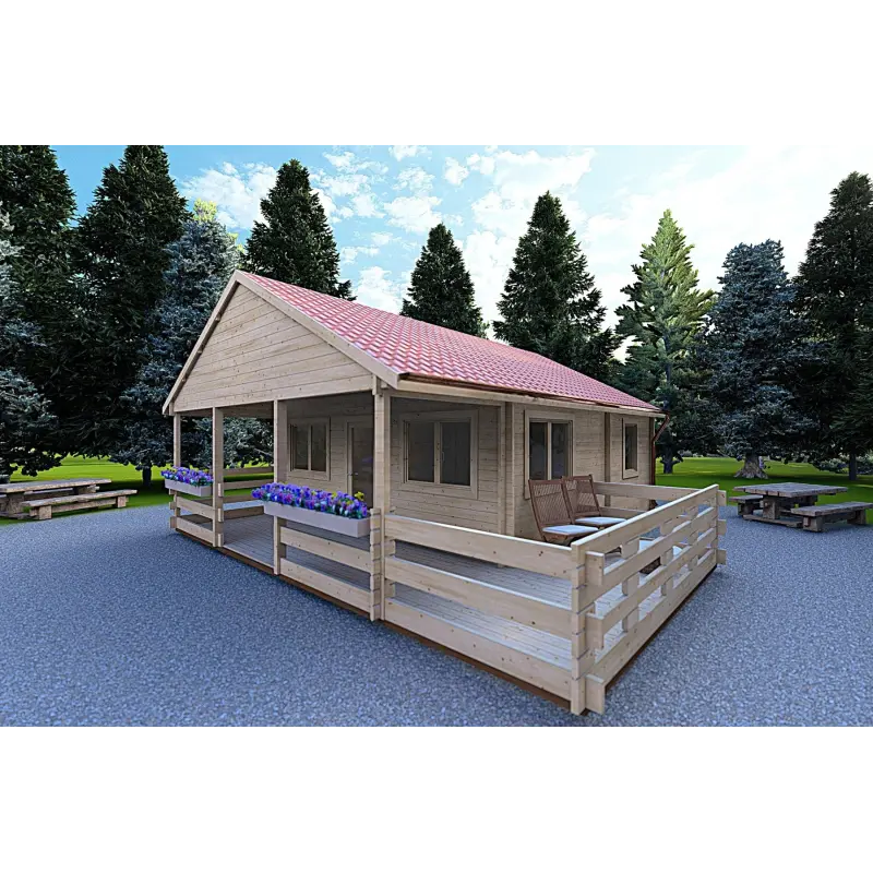 Modernes Holzhaus SMERALDA 6×6 mit begehbarer Galerie 14.35 m² und Terrasse 17 m², 44 mm, Frontansicht rechte Seite