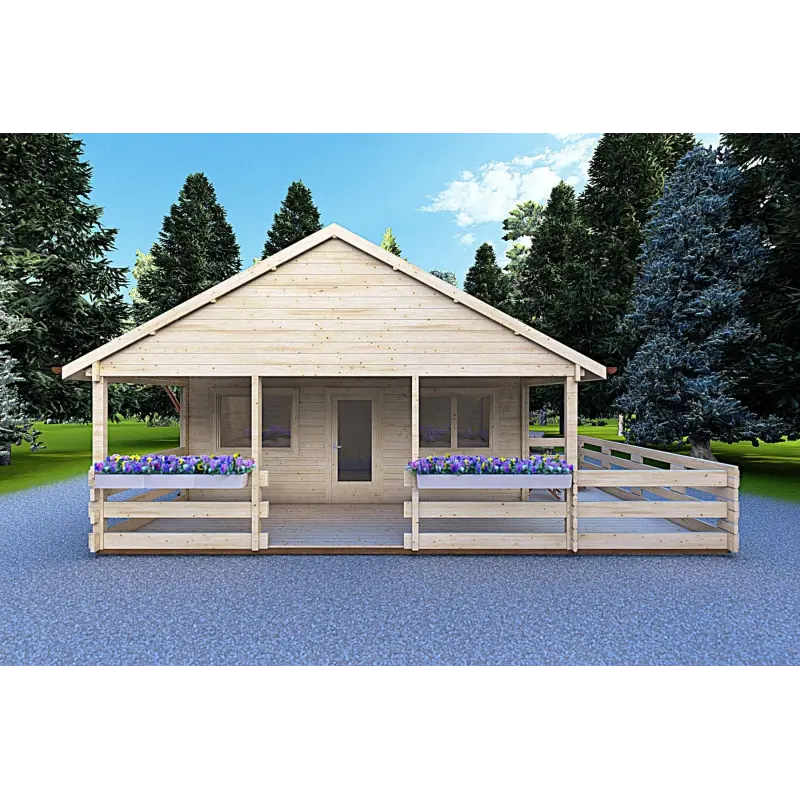 Modernes Holzhaus SMERALDA 6×6 mit begehbarer Galerie 14,35 m² und Terrasse 17 m², 44 mm, Frontansicht