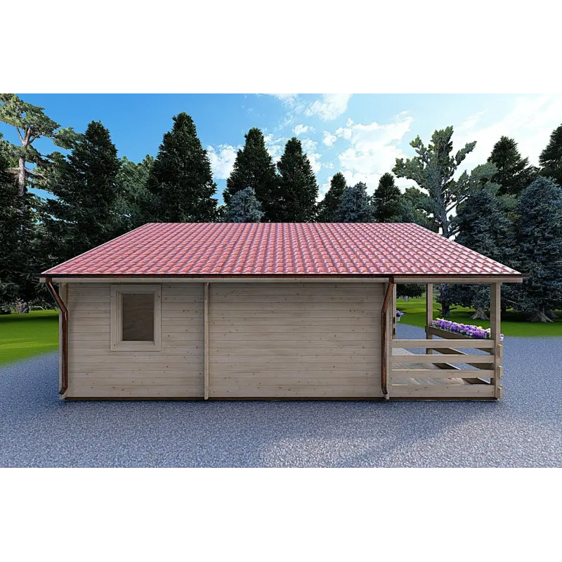 Modernes Holzhaus SMERALDA 6×6 mit begehbarer Galerie 14,35 m² und Terrasse 17 m², 44 mm, linke Seite