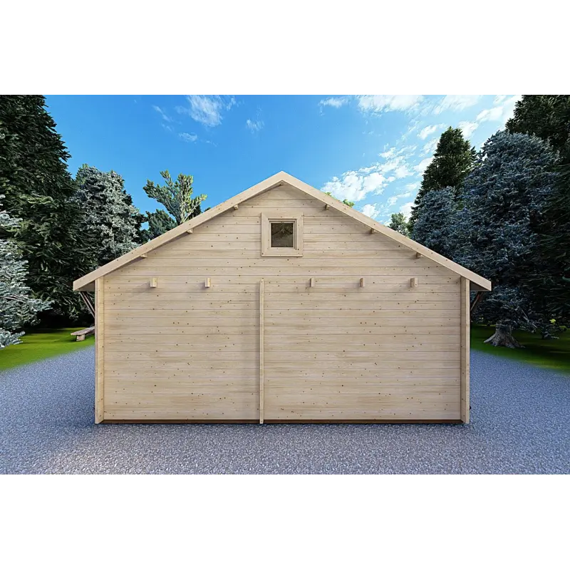 Modernes Holzhaus SMERALDA 6×6 mit begehbarer Galerie 14,35 m² und Terrasse 17 m², 44 mm, Rückansicht