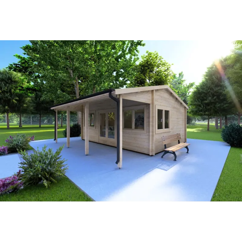 Gartenhaus NELLA 6x4.2 mit integrierter Überdachung 6x1.6, 44mm, Frontansicht rechte Seite