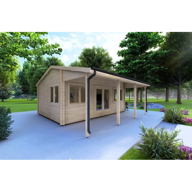 Gartenhaus NELLA 6x4.2 mit integrierter Überdachung 6x1.6, 44mm, Frontansicht linke Seite