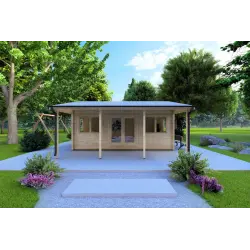 Gartenhaus NELLA 6x4.2 mit integrierter Überdachung 6x1.6, 44mm, Frontansicht
