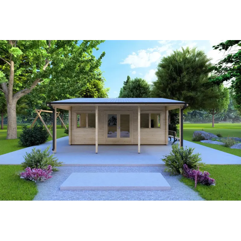 Gartenhaus NELLA 6x4.2 mit integrierter Überdachung 6x1.6, 44mm, Frontansicht
