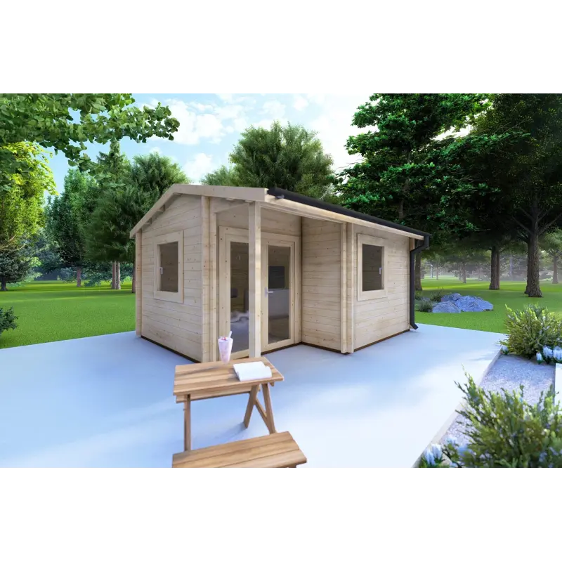 Moderne Gartenhaus SONIA 5x4, 44mm, Frontansicht linke Seite