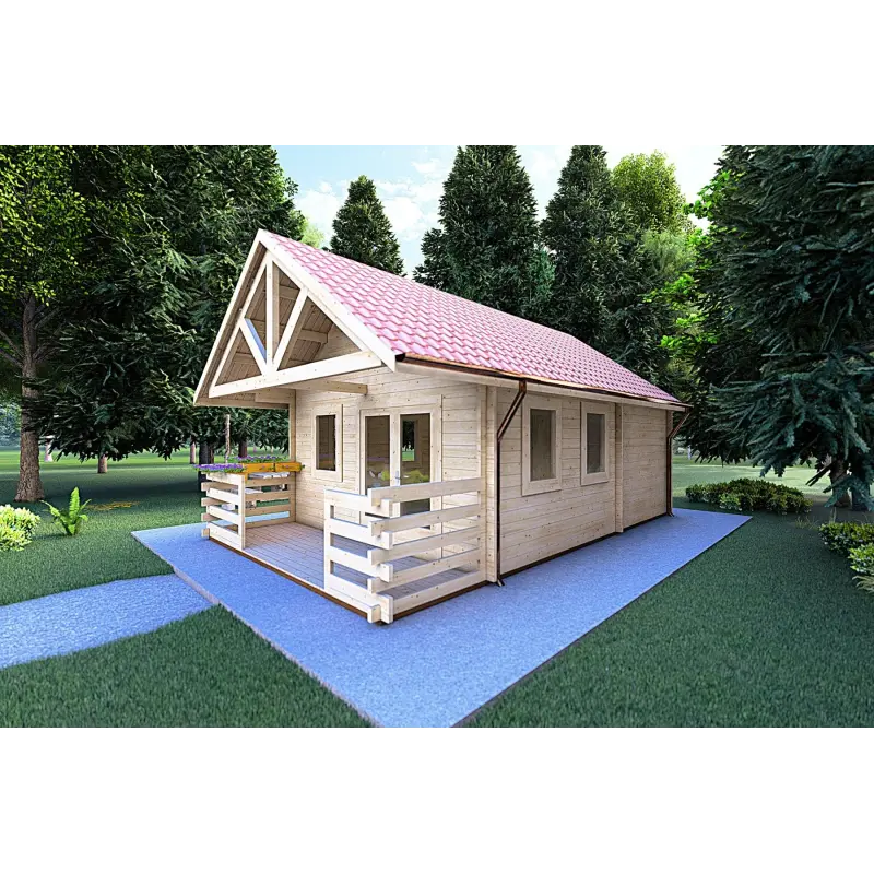 Blockbohlenhaus mit Veranda und Schlafboden GAIA 33.30 m², 44mm, Frontansicht rechte Seite