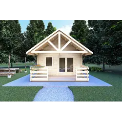 Blockbohlenhaus mit Veranda und Schlafboden GAIA 33.30 m², 44mm, Frontansicht