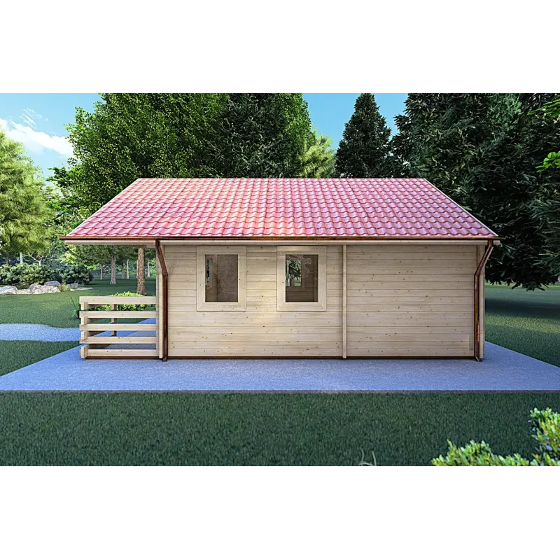 Blockbohlenhaus mit Veranda und Schlafboden GAIA 33.30 m², 44mm, rechte Seite