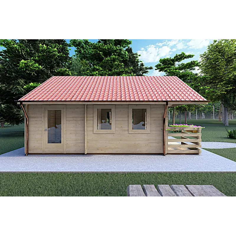 Blockbohlenhaus mit Veranda und Schlafboden GAIA 33.30 m², 44mm, linke Seite