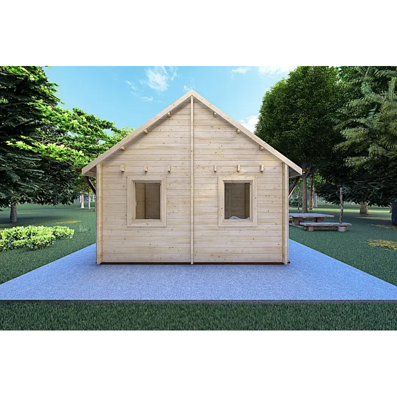 Blockbohlenhaus mit Veranda und Schlafboden GAIA 33.30 m², 44mm, Rückansicht