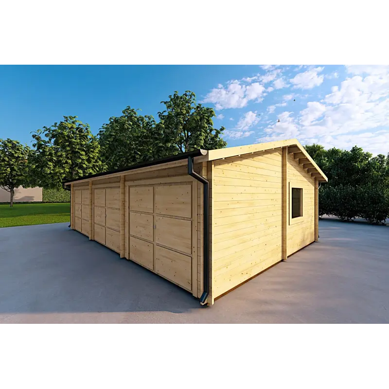 Dreifachgarage aus Holz 9x6,44mm, Frontansicht rechte Seite