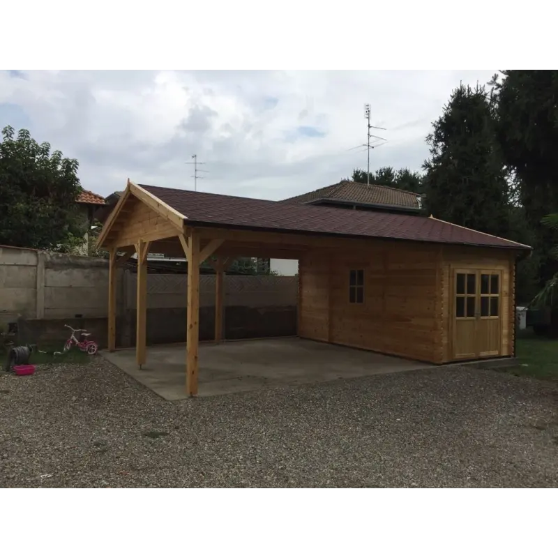 Doppel-Carport aus Holz mit Abstellraum 6x7, 44mm, Frontansicht rechte Seite – realisierte Ausführung