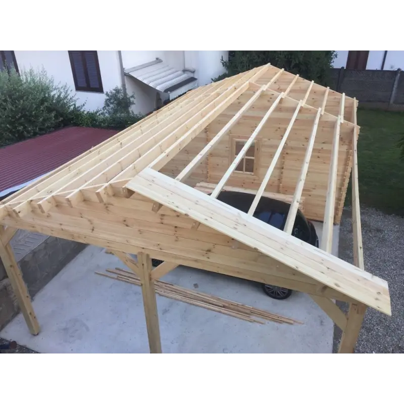 Doppel-Carport aus Holz mit Abstellraum 6x7, 44mm, Innenansicht Dach – realisierte Ausführung