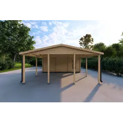 Doppel-Carport aus Holz mit Abstellraum 6x7, 44mm, Frontansicht