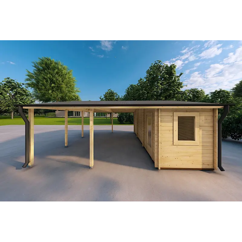 Doppel-Carport aus Holz mit Abstellraum 6x7, 44mm, rechte Seite