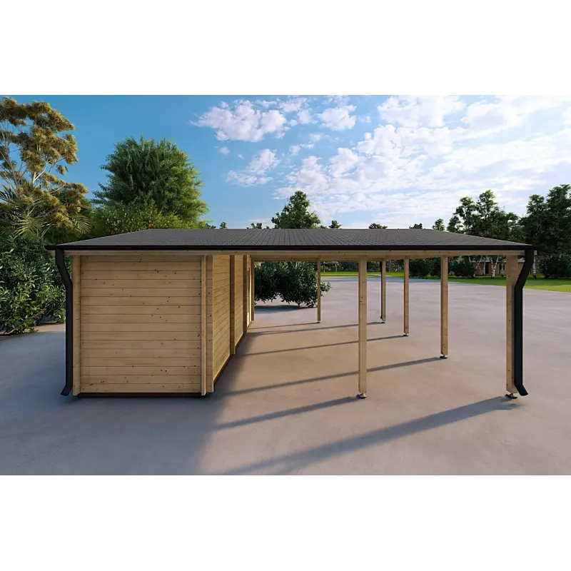 Doppel-Carport aus Holz mit Abstellraum 6x7, 44mm, linke Seite