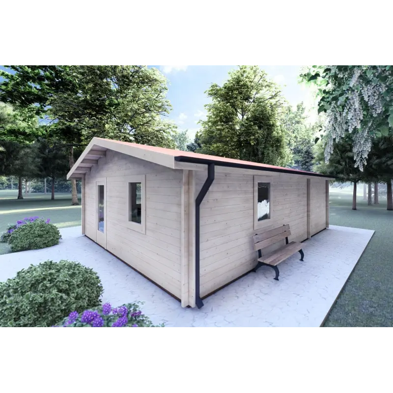 Moderne Holzhaus DALIA 6x8, 44mm, Frontansicht rechte Seite
