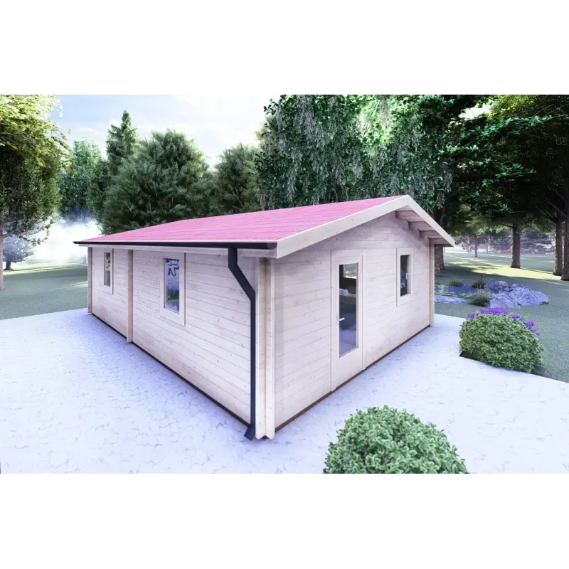 Moderne Holzhaus DALIA 6x8, 44mm, Frontansicht linke Seite