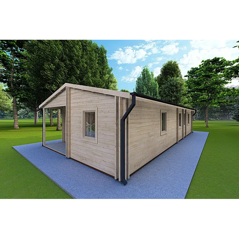 Isolierte Blockbohlenhaus Alma 6x12, 44/100/44 mm, Frontansicht rechte Seite