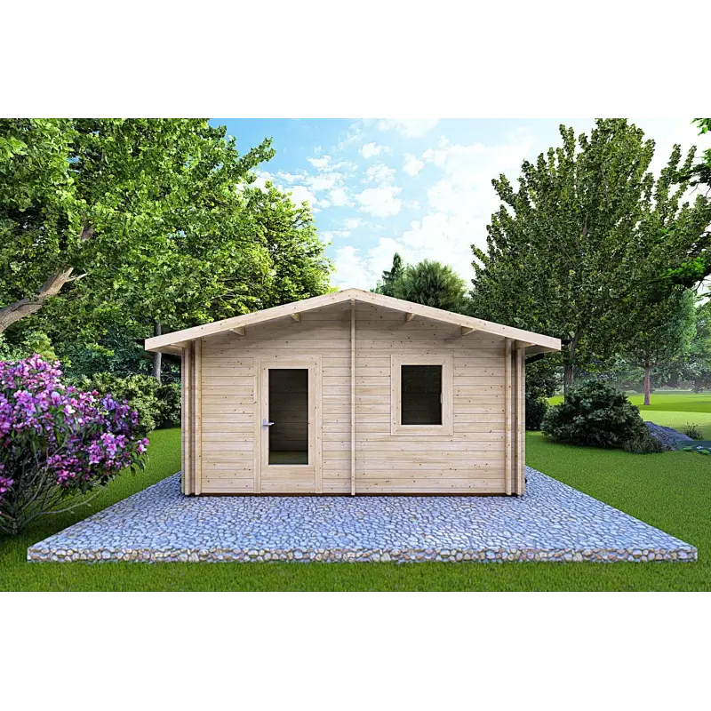 Isolierte Blockbohlenhaus IRMA 5x6, 44/100/44 mm, Frontansicht