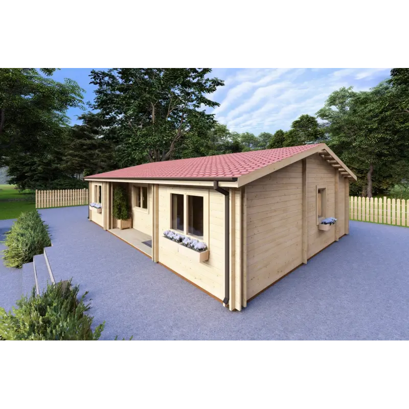 Winterfestes Holzhaus GIADA 10x7.20, 44/100/44 mm, Frontansicht rechte Seite
