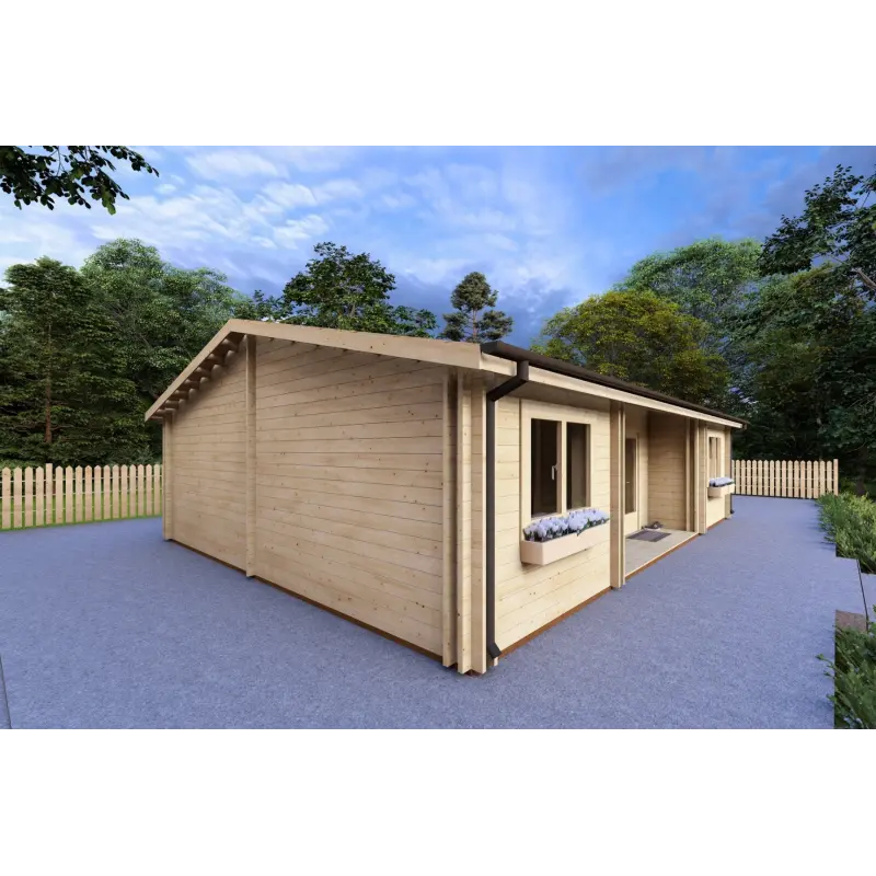 Winterfestes Holzhaus GIADA 10x7.20, 44/100/44 mm, Frontansicht linke Seite