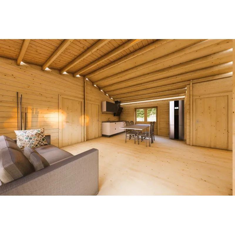 Winterfestes Holzhaus GIADA 10x7.20, 44/100/44 mm, Innenansicht offener Wohnbereich