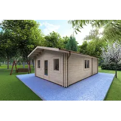 Winterfestes Holzhaus LARA 6x8, 44/100/44 mm, Frontansicht rechte Seite