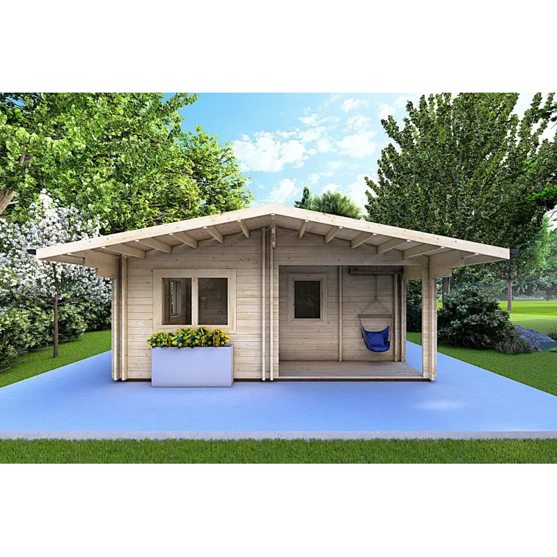Isolierte Blockbohlenhaus ELBA 6x6, 44/100/44 mm, Frontansicht