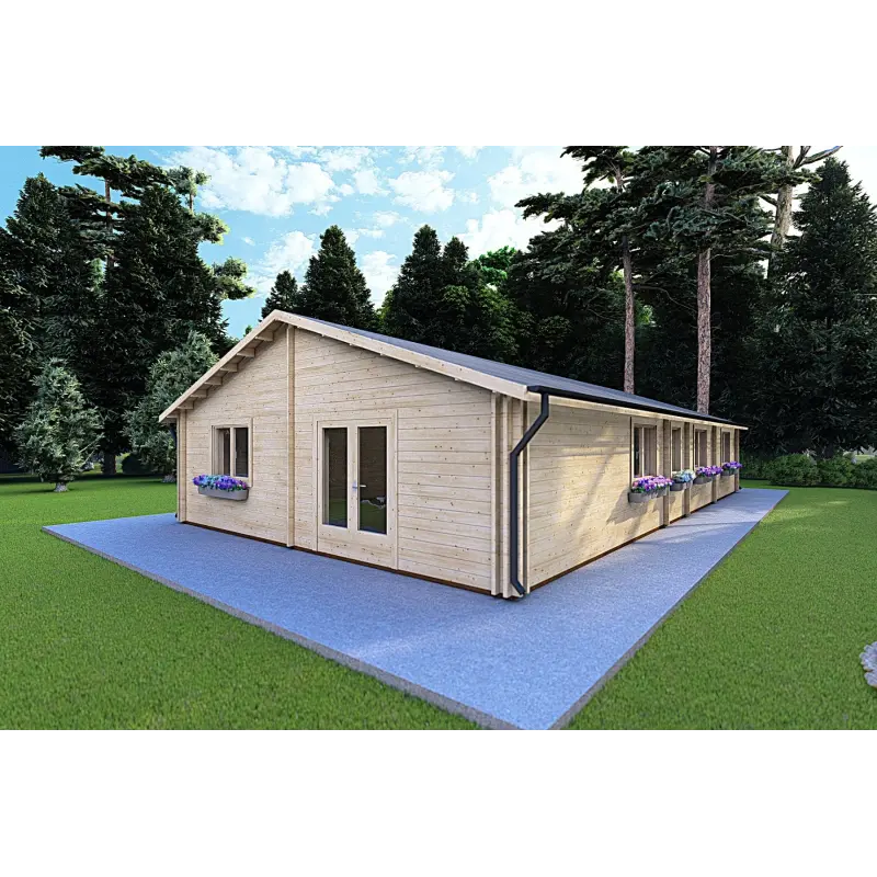 Winterfestes Holzhaus NIZZA 8x14.5, 44/100/44 mm, Frontansicht rechte Seite