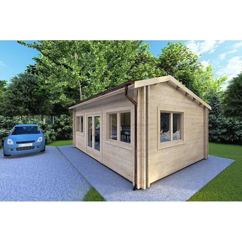 Winterfestes Holzhaus CAMILLA 5.5x4.2, 44/100/44 mm, Frontansicht rechte Seite