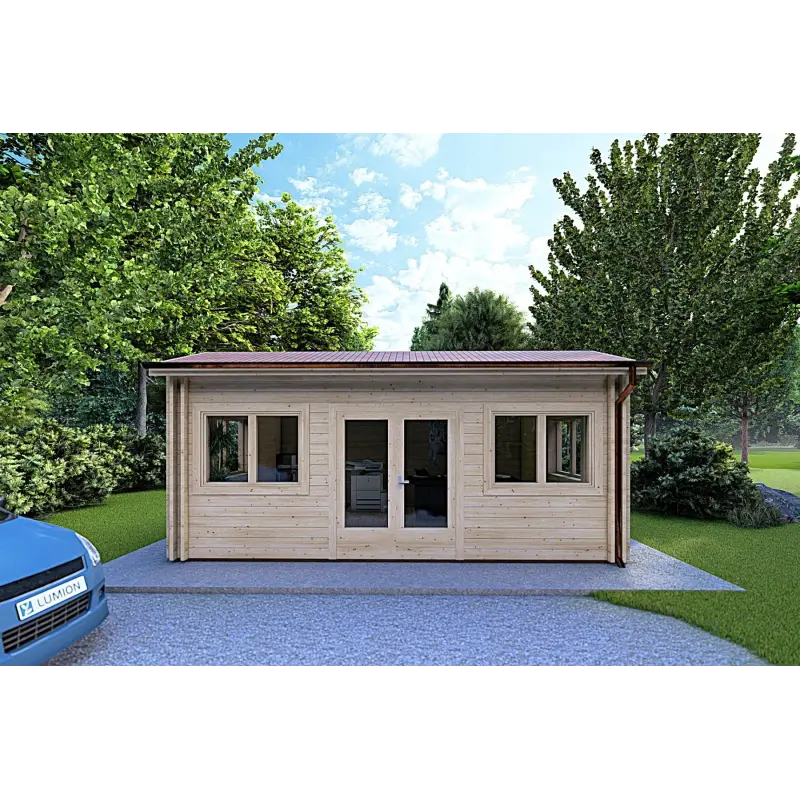 Isolierte Blockbohlenhaus CAMILLA 6x4.2, 44/100/44 mm, Frontansicht