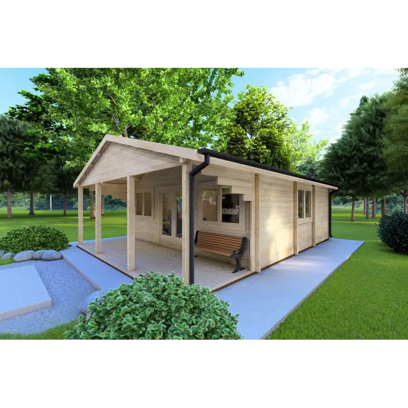 Moderne Holzhaus PERLA 6x6, 44mm, Frontansicht rechte Seite