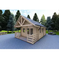 Winterfestes Holzhaus mit Schlafboden und Terrasse GAIA 33.30 m², 44/100/44 mm, Frontansicht rechte Seite