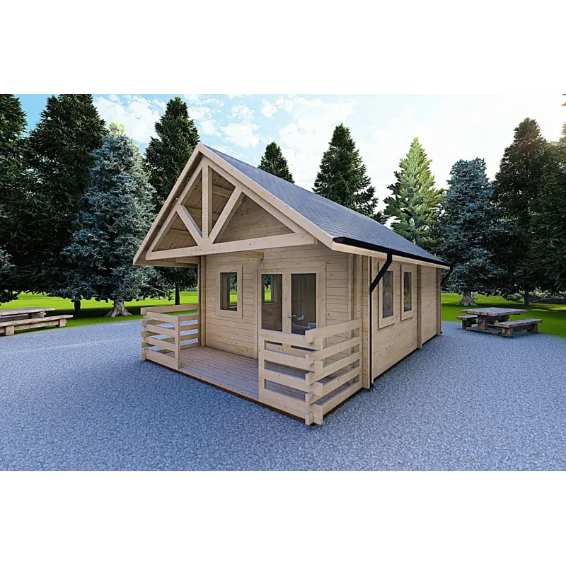 Winterfestes Holzhaus mit Schlafboden und Terrasse GAIA 33.30 m², 44/100/44 mm, Frontansicht rechte Seite