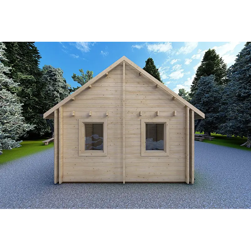 Winterfestes Holzhaus mit Schlafboden und Terrasse GAIA 33.30 m², 44/100/44 mm, Rückansicht