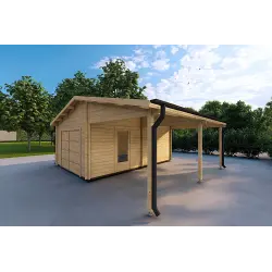 Holz-Einzelgarage mit Carport 3x6, 44mm, Frontansicht rechte Seite