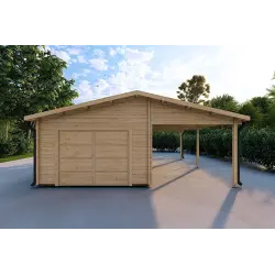 Holz-Einzelgarage mit Carport 3x6, 44mm, Frontansicht