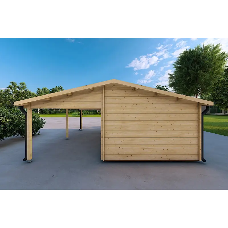 Holz-Einzelgarage mit Carport 3x6, 44mm, Rückansicht