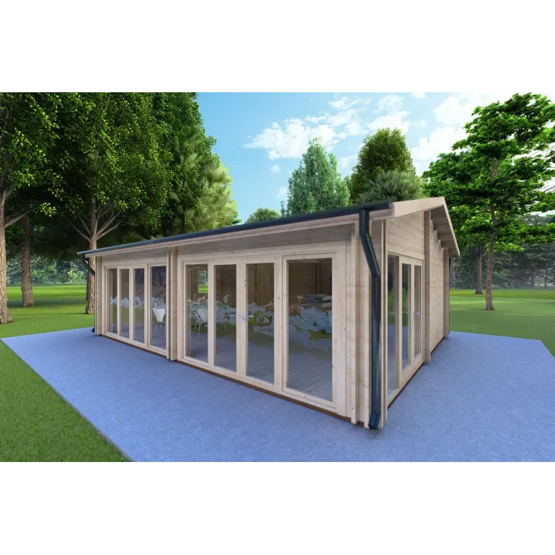 Isolierte Blockbohlenhaus AUGUSTA 8x6, 44/100/44 mm, Frontansicht rechte Seite