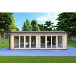 Isolierte Blockbohlenhaus AUGUSTA 8x6, 44/100/44 mm, Frontansicht