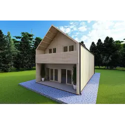 Isolierte Blockbohlenhaus PENELOPE 98 m², 44/80/30/40 mm, Frontansicht rechte Seite