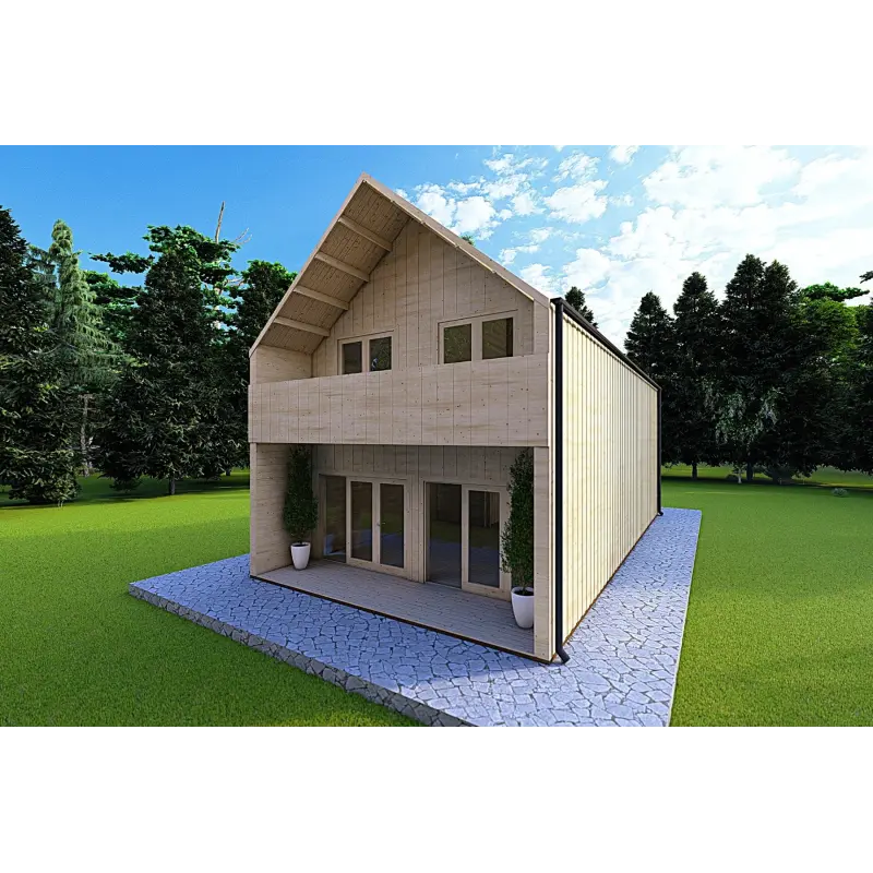 Isolierte Blockbohlenhaus PENELOPE 98 m², 44/80/30/40 mm, Frontansicht rechte Seite
