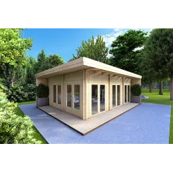 Blockbohlenhaus FLAMINIA 8x6, 44mm, Frontansicht rechte Seite