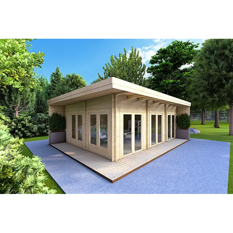 Blockbohlenhaus FLAMINIA 8x6, 44mm, Frontansicht rechte Seite